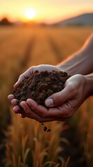Close-up of Farmer's Hands Holding Soil at Sunset