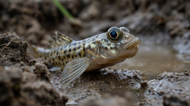 Close up of a mudskipper fish on muddy ground in natural setting