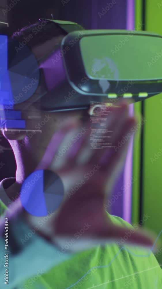 Poster animation of data processing, african american male it engineer in vr goggles and computer servers