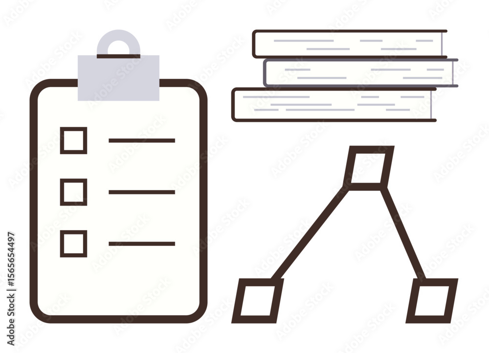 Poster clipboard with checklist, stack of books, hierarchical diagram for tasks or knowledge organization. 