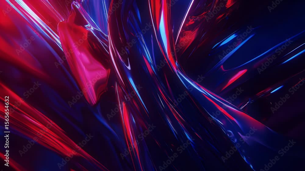 Poster abstract glossy surface with vibrant red and blue light streaks reflecting across the smooth shapes.