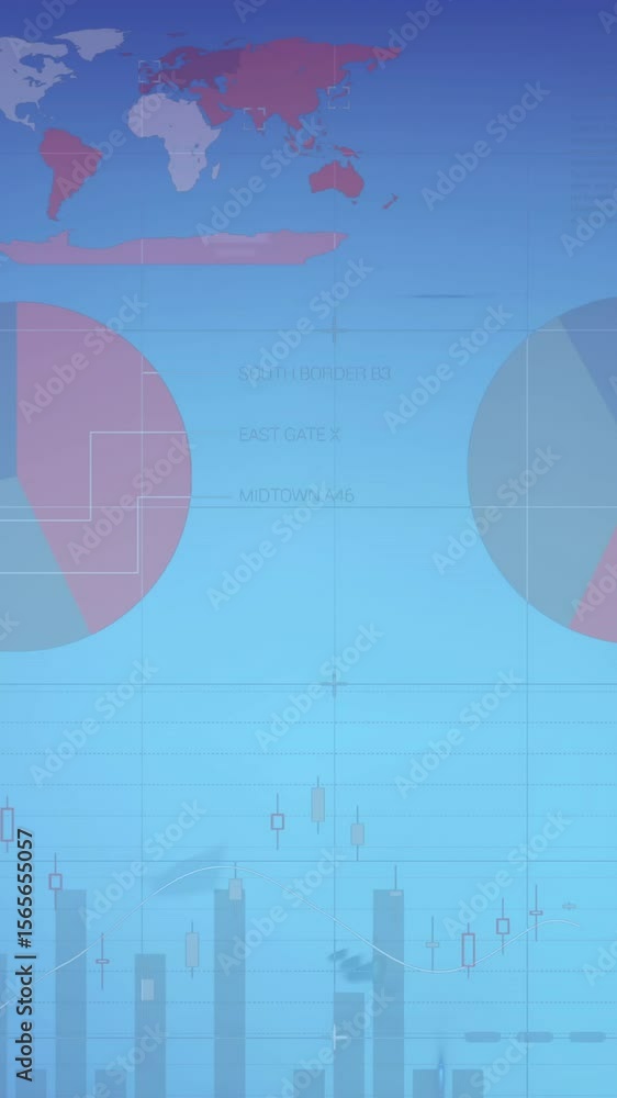 Poster animation of financial data processing and statistics over blue background