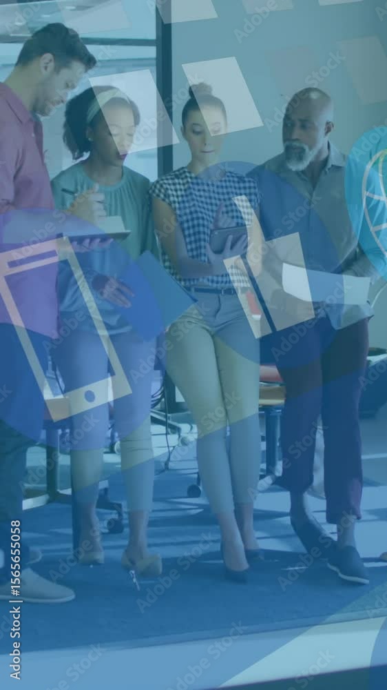 Poster animation of data processing over diverse business people working in office