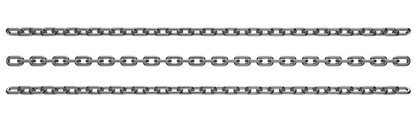 Set of stretched silver chains isolated on a transparent background. 3D render.