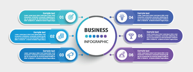 Business infographic design template with 6 options, steps or processes. Can be used for workflow layout, diagram, annual report, web design