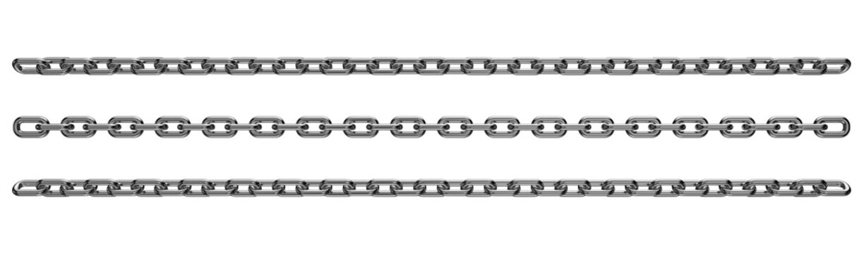 Set of stretched silver chains isolated on a transparent background. 3D render.