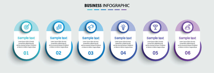 Business infographic design template with 6 options, steps or processes. Can be used for workflow layout, diagram, annual report, web design
