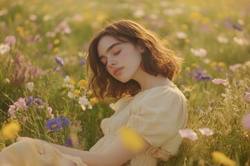 A young woman with closed eyes rests peacefully in a vibrant wildflower meadow, bathed in golden sunlight.
