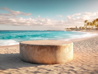 Round stone podium isolated on white sand, in summer beach background.