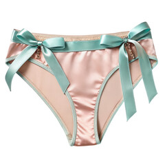 Elegant pink satin panty with teal bows and delicate lingerie design against a black backdrop.