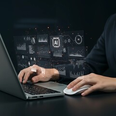Businessman using laptop computer analyzing sales data, financial growth graph chart report. Data analysis with Ai technology. Business planning, strategy and development, Accounting. market research