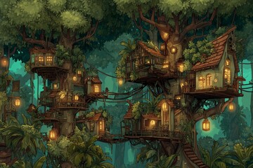 Obraz premium Magical treehouse village with glowing lanterns nestled in ancient forest canopy - fantasy fairy tale architecture perfect for storytelling and adventure themes