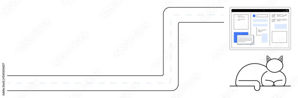 Poster curved road path guides to online interface with a resting cat beside. ideal for navigation, journey