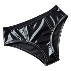 Studio shot of a glossy black vinyl panty with white stitching on a stark black background showcasing lingerie details