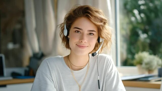 Young woman with headset engaged in a supportive conversation
