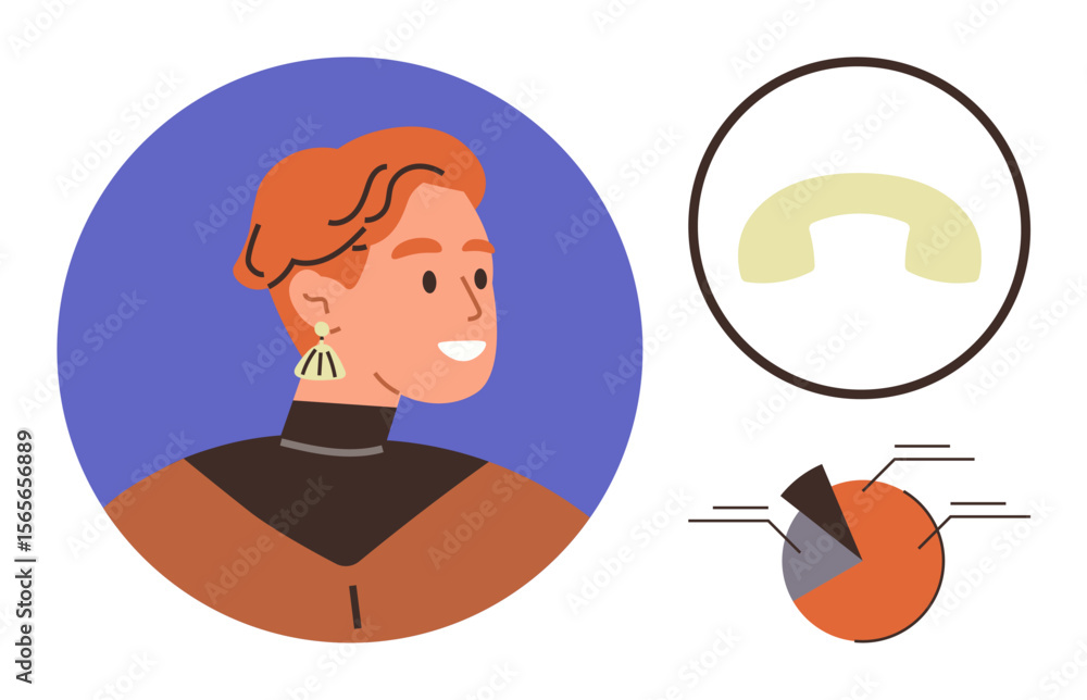 Aufkleber side profile of a person smiling, accompanied by a segmented pie chart and a phone receiver icon. id