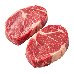 Obraz premium Two raw marbled beef steaks with fat marbling isolated on black background