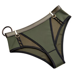 Stylish high waisted olive green panty with leather accents and gold ring detailing against a sleek black backdrop