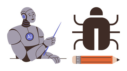 Humanoid AI robot holding a pointer next to a software bug and pencil illustration. Ideal for technology, coding, automation, bug fixing, education, AI development, troubleshooting. Simple flat