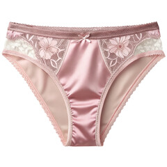 Elegant pink satin panty with floral lace detailing and delicate scalloped trim presented against a black backdrop