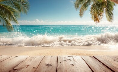 Wooden tabletop with a blurred tropical beach background