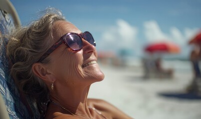 An old woman at the beach, tanning and sun bathing.