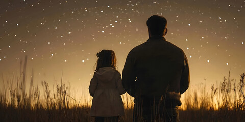 Father and Daughter Image, Starry Sky Design, Night Scene Landscape Image, Togetherness Concept Image, Family Bond Design