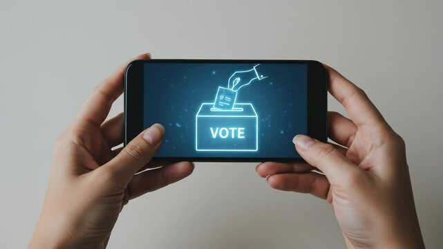 Online voting on a mobile phone represented by an electronic vote and hand depositing ballot.