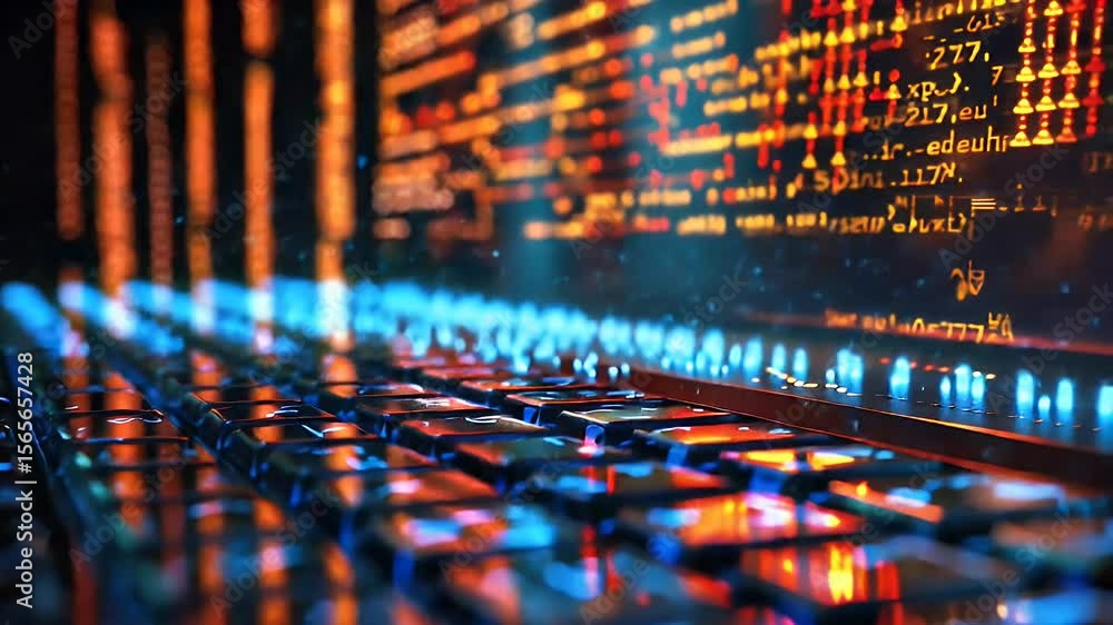 Poster close up of a glowing keyboard with data streams in the background illustrating digital concepts and