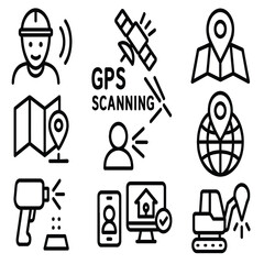 Collection of engineering and technology icons depicting GPS scanning, location mapping, thermal scanning, and smart home integration for modern applications and designs.