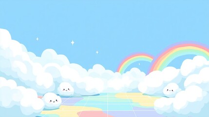 Fototapeta premium Adorable kawaii cloud characters floating in dreamy pastel sky with double rainbow, perfect for children's content, wellness branding, and uplifting designs