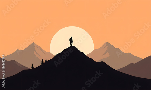 Silhouette of Hiker on Mountain Peak at Sunset, Minimalist Vector Art