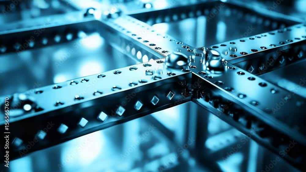 Aufkleber intricate geometric metal structure illuminated with bright blue light. detailed view showing interc