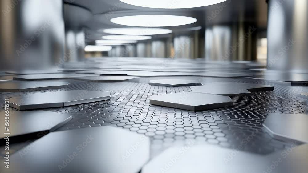 Aufkleber modern interior with metallic hexagonal floor and columns under bright circular ceiling lights creat