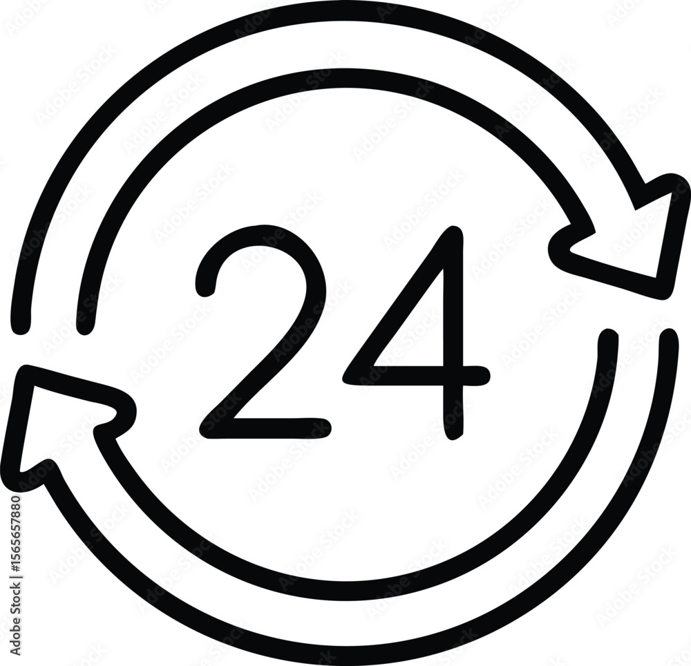 Poster outline icon of 24 hours service with arrows around number