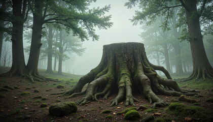 Moss-covered tree stump in foggy forest for nature decay and tranquility concept