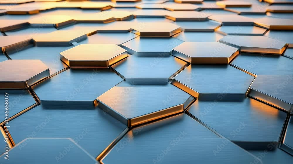Poster close-up of metallic hexagonal tiles in shades of silver and blue creating a textured surface. soft 