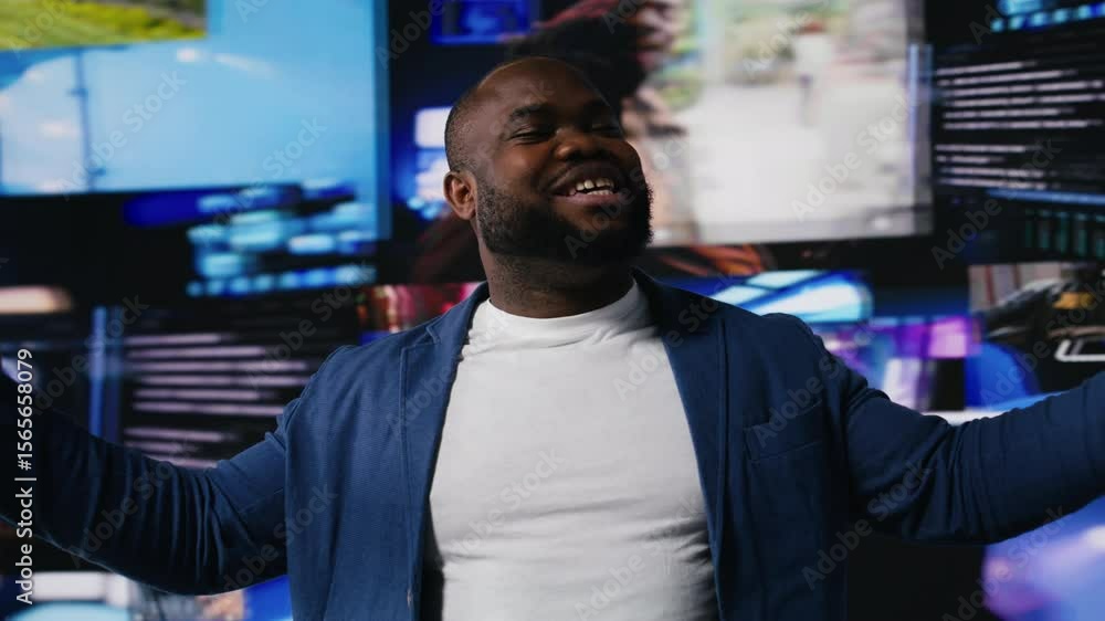 Poster black guy immersed in a world of screens and online content, representing the future of social engag