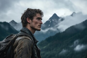 Naklejka premium A lone traveler contemplates a majestic, misty mountain range, showcasing his rugged attire and contemplative gaze.