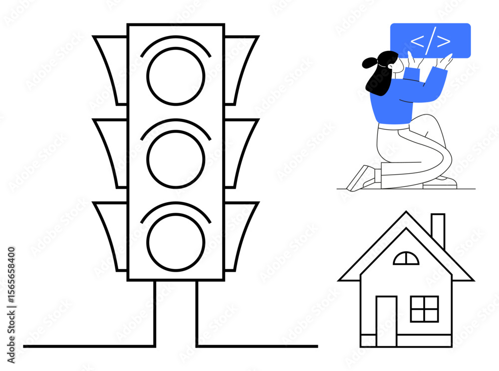 Poster traffic light with three blank circles, woman coding on a screen, and a simple house icon. ideal for