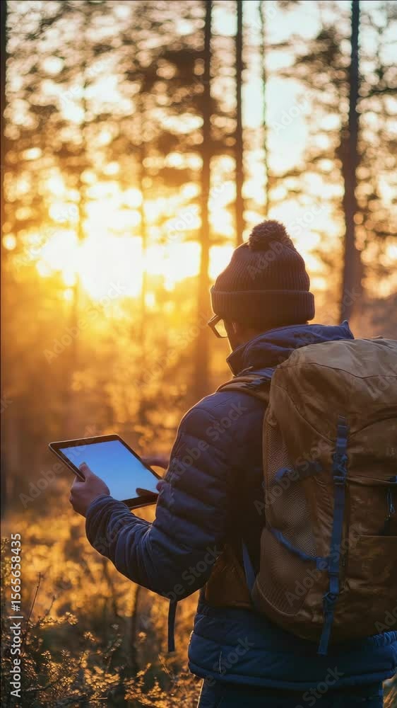 Poster a person in a hooded jacket is using a tablet while backpacking at sunset, surrounded by forest and 
