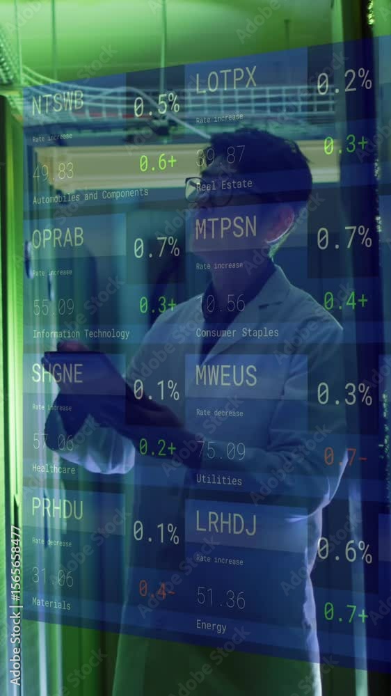 Poster animation of stock market and financial data processing over asian man by computer server