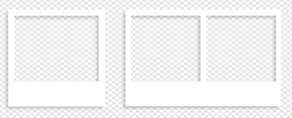 Realistic polaroid photo template. Empty photo frame mock up with shadow. Vintage card. Vector illustration on transparent background.