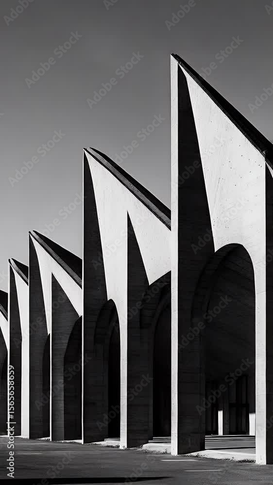Poster monochromatic architectural exterior featuring repeated arched openings and triangular apexes agains