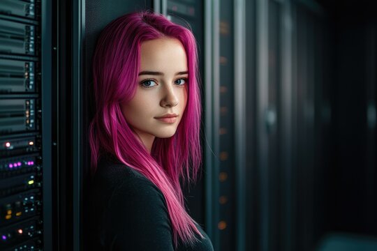 A young woman with vibrant pink hair stands confidently beside a server rack, exuding a powerful tech-savvy aura.