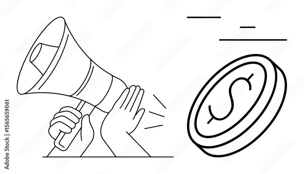 Poster hands holding a megaphone amplify a message with sound waves, accompanied by a large coin for financ