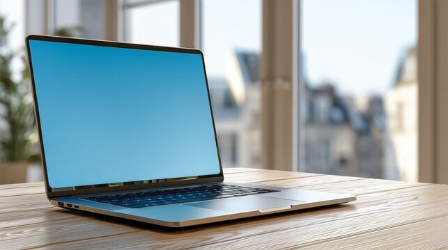 Modern laptop mockup with blank screen on wooden desk with natural window light and shadows, perfect for showcasing websites, apps, and digital content