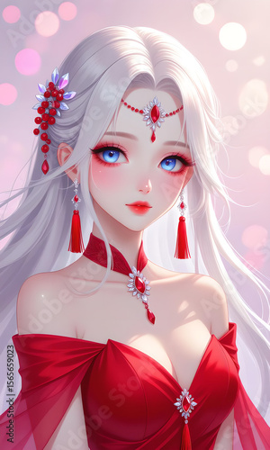 Anime girl with white hair, blue eyes, and red dress portrait