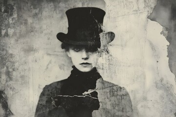 Victorian woman in top hat with mystical and spooky appearance. Scary halloween portrait with old photo effect. For scrapbooking paper.