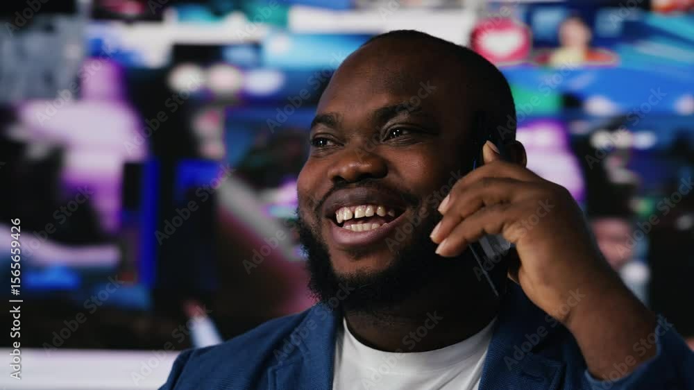 Poster black relaxed person taking a smartphone call from friends, emphasizing modern networking connection